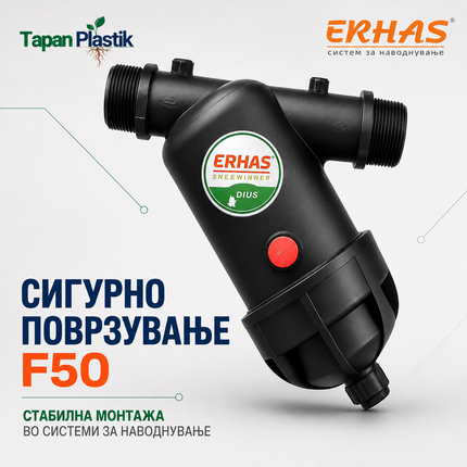 ERHAS мрежест филтер F50 со сигурни навојни приклучоци за стабилна монтажа