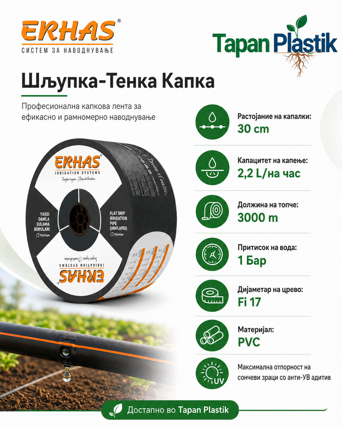 Шљупка капка систем- 30cm растојание на капалки  (Tип 4/4) - F17 Erhas